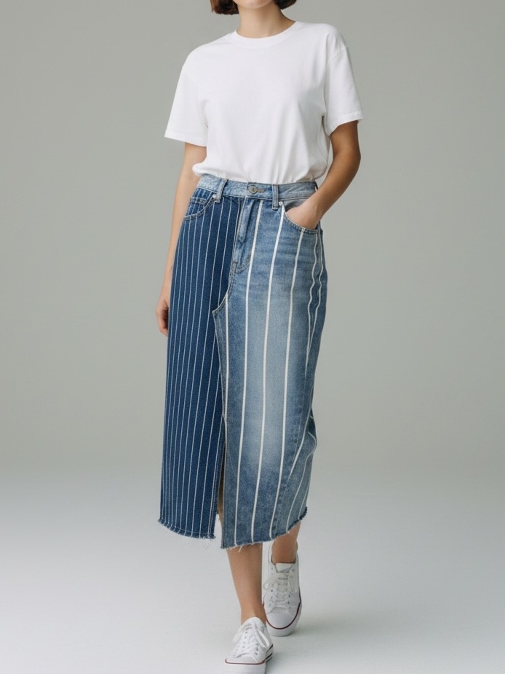 Upcycled American Eagle Reworked Striped Denim Midi Skirt (Size 8 / 29" Waist)